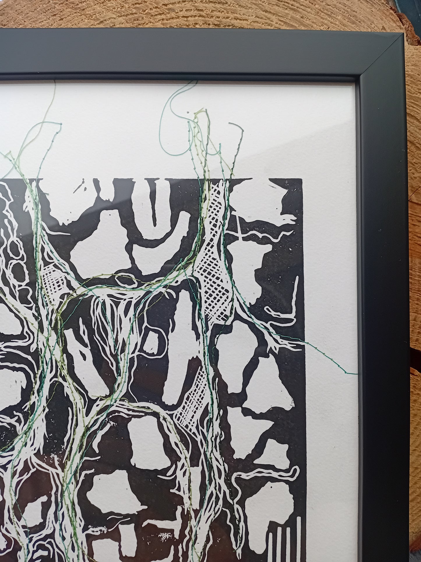 Analogish "Threaded Blue" A4 Framed Lino Print with Embroidery
