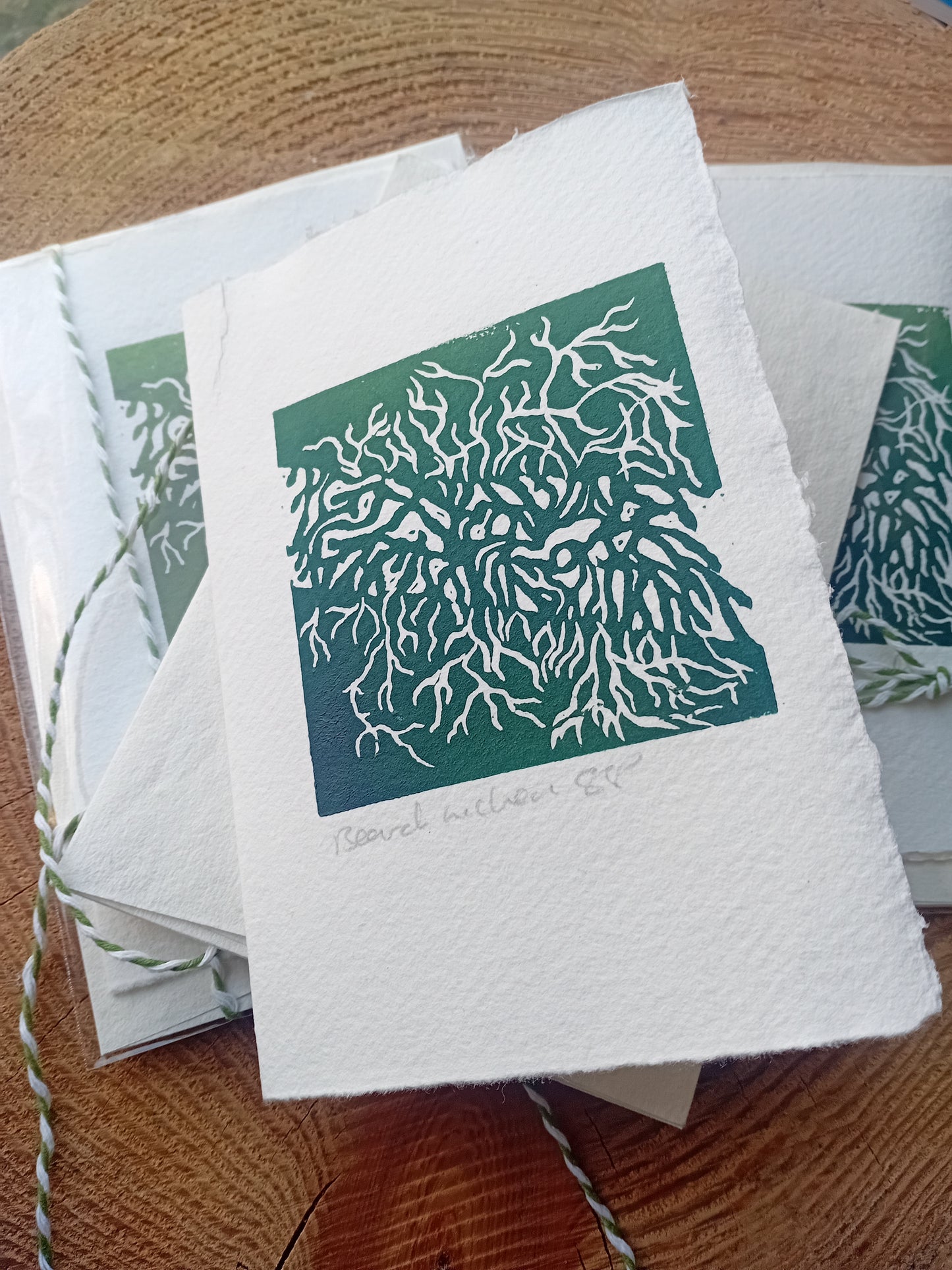 Beard Lichen Original Lino Print Card on Handmade Paper