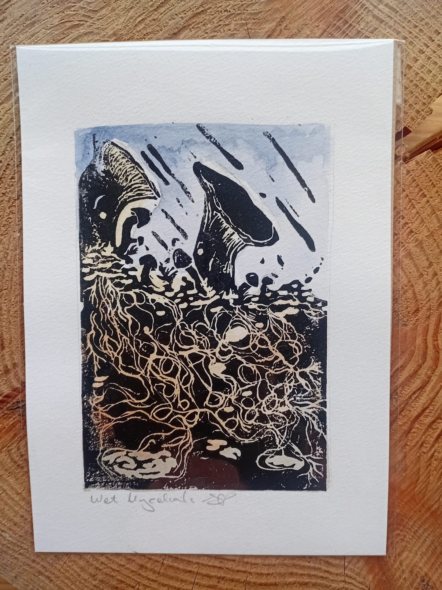 Watercolour background, lino foreground Wet Mycelials print by Analogish