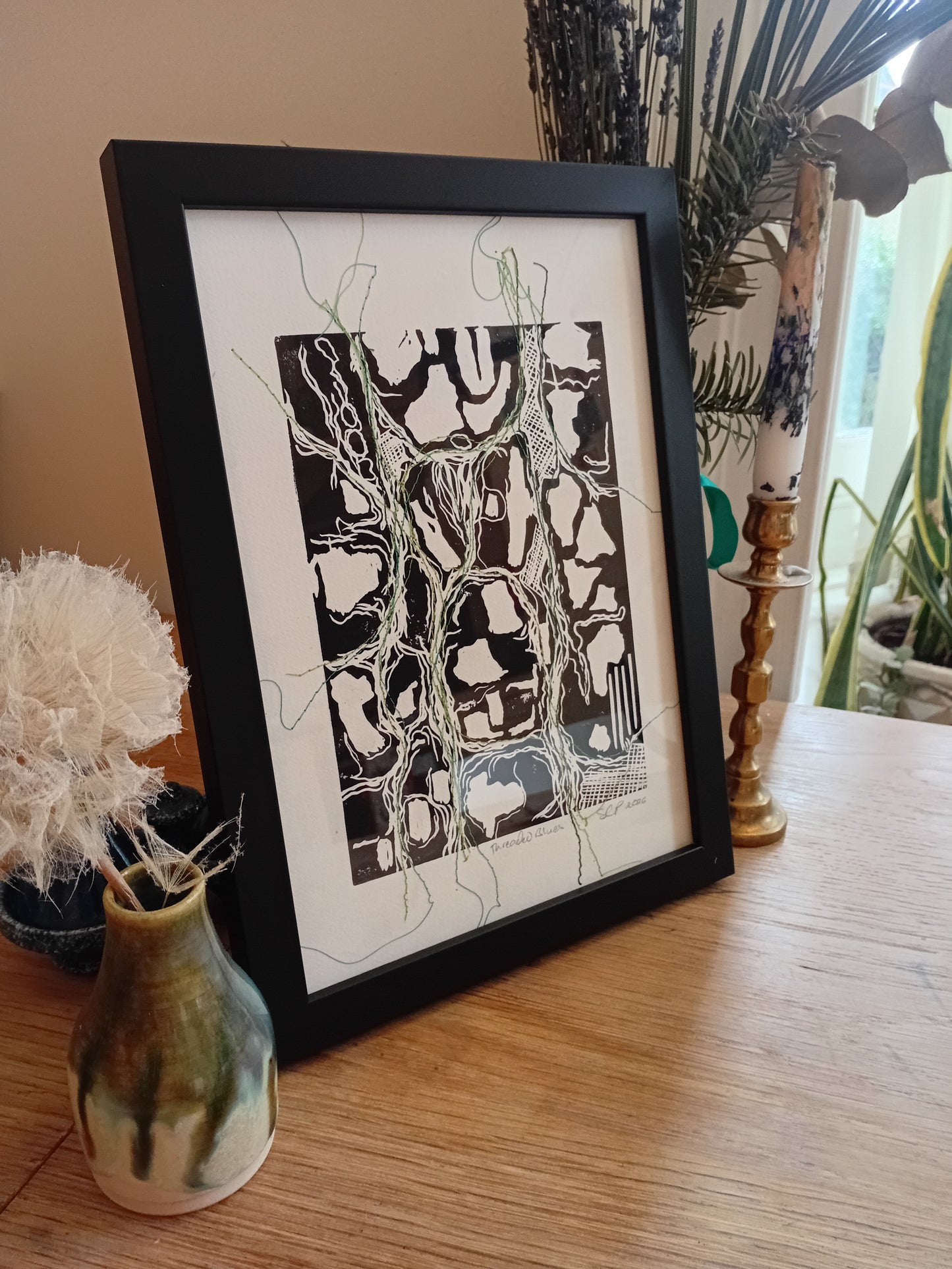 Analogish "Threaded Blue" A4 Framed Lino Print with Embroidery