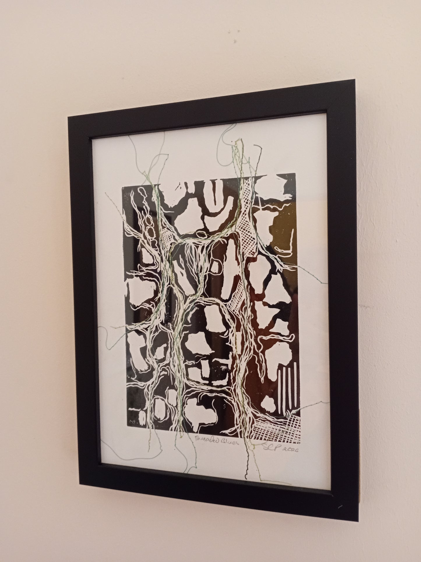 Analogish "Threaded Blue" A4 Framed Lino Print with Embroidery