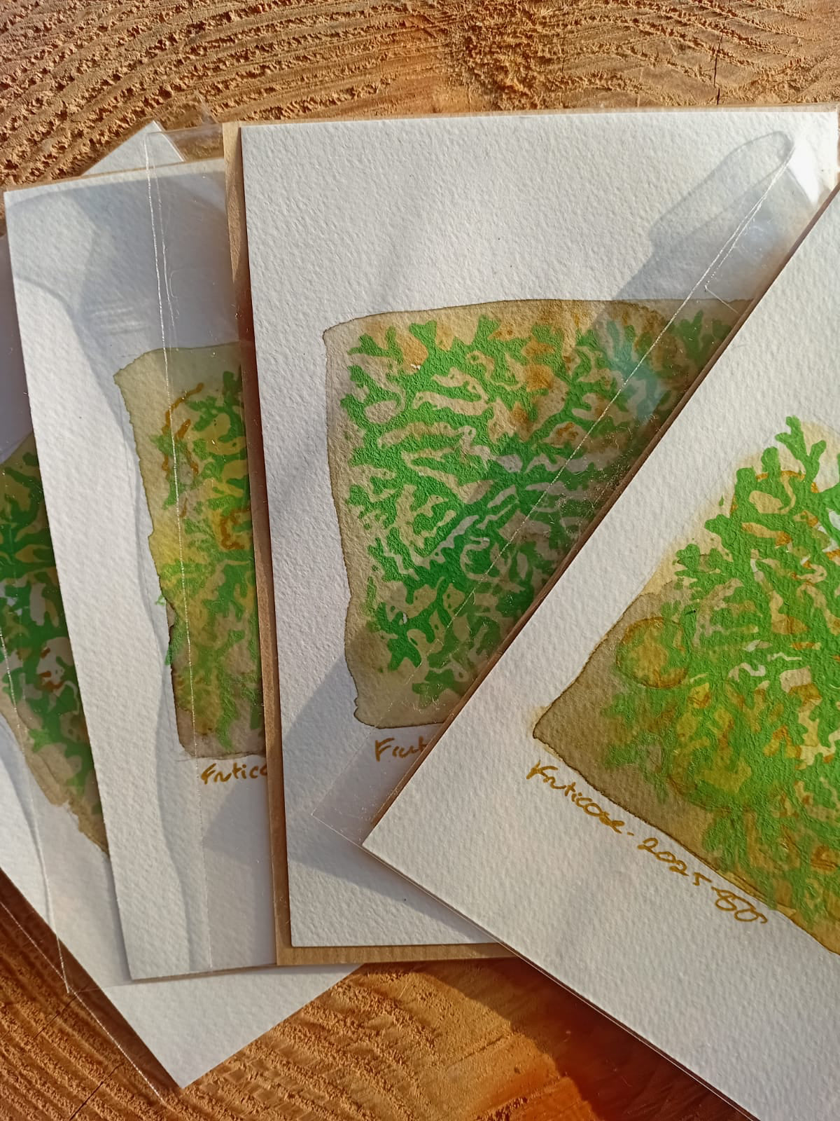 Set of fruticose patterned lino printed cards