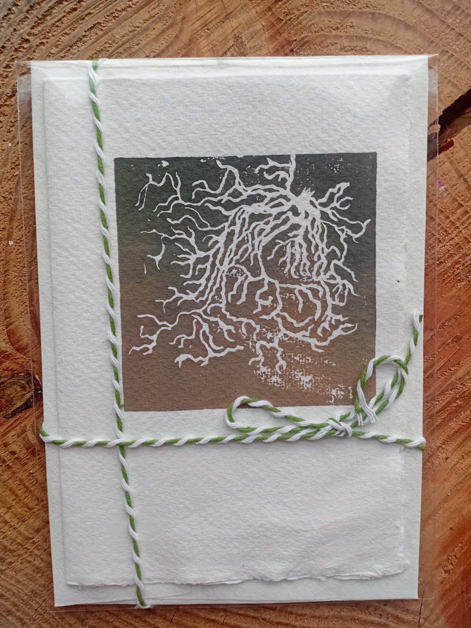 Brown and pink original lino print card