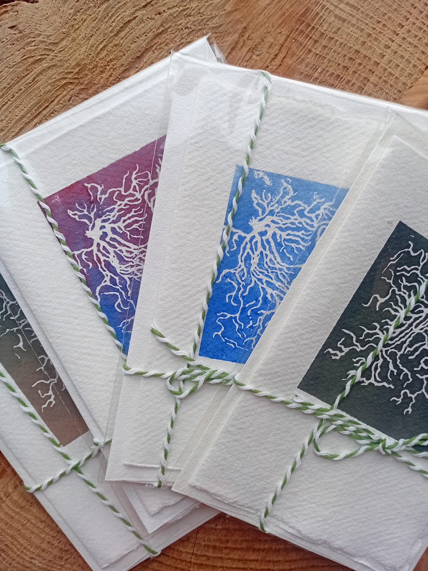 Hand lino printed ground frost cards on handmade paper by Analogish