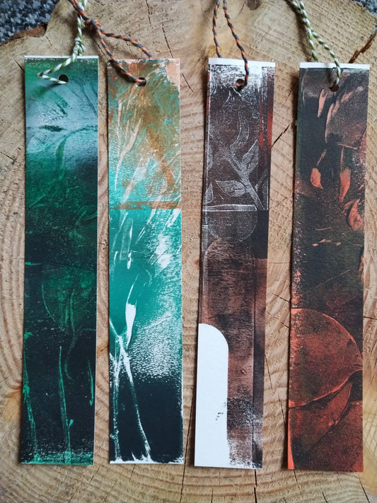 MMATS Handmade Bookmark made with lino cutting, gelli plate printing and additional visual art techniques. These were made for the launch of Meet Me At The Surface by Jodie Matthews. 