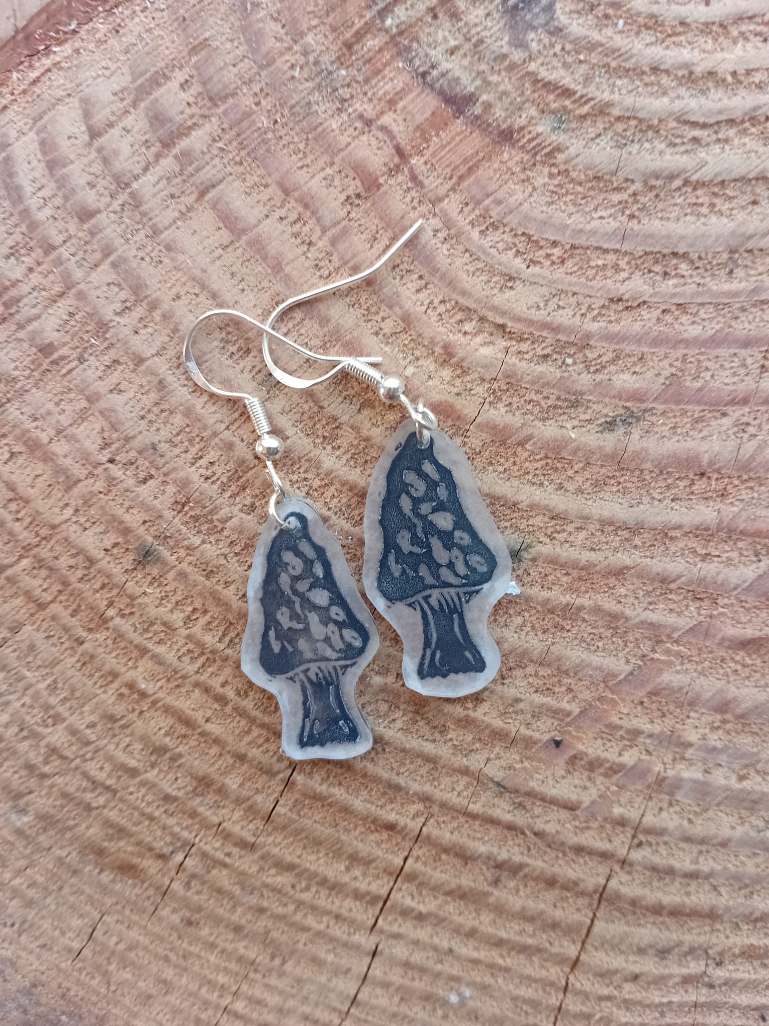 Pair of blue mushroom-shaped earrings on a wooden surface
