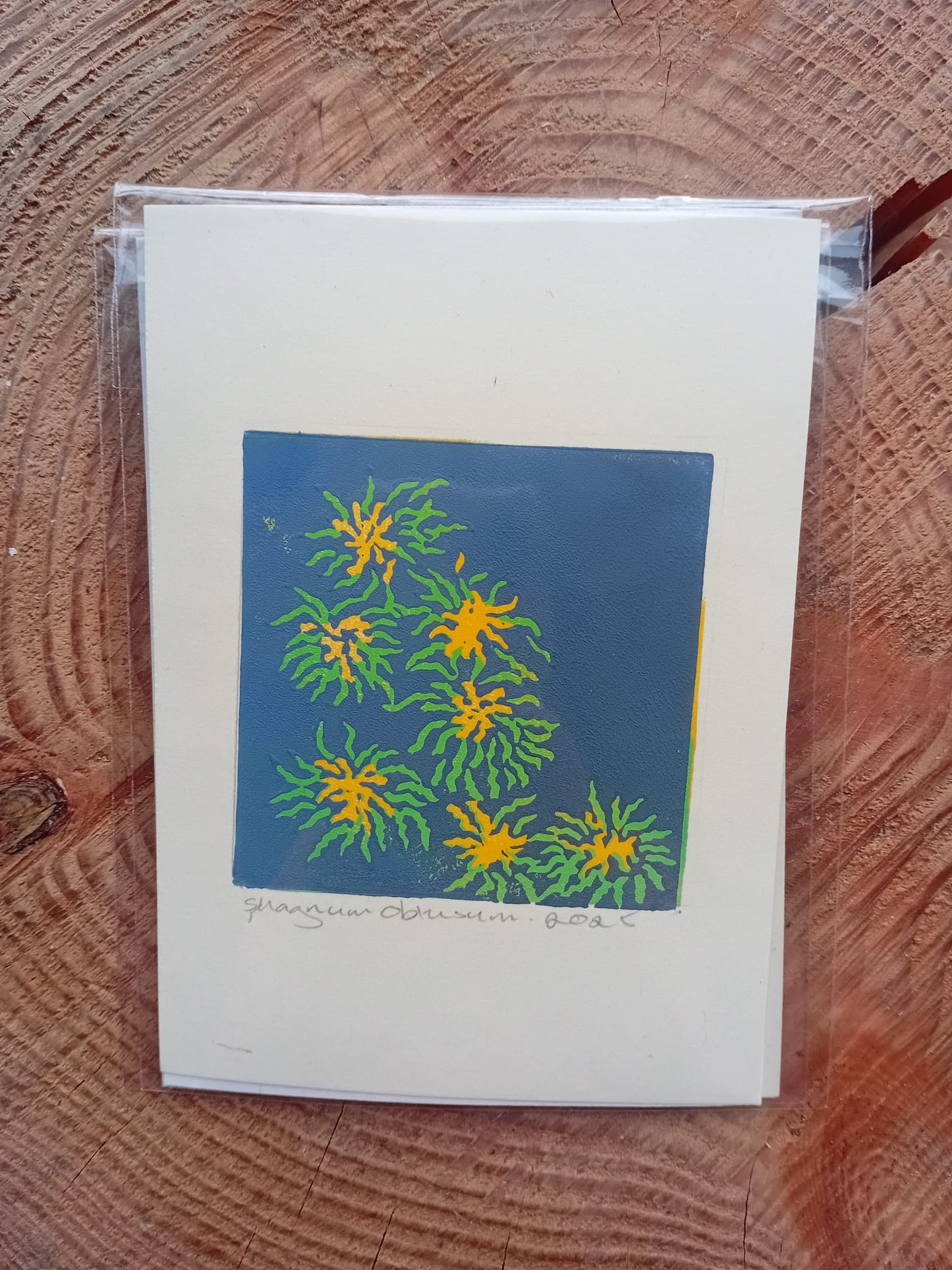 Spagnum Obtusum moss reduction print in its packaging on a tree stump background