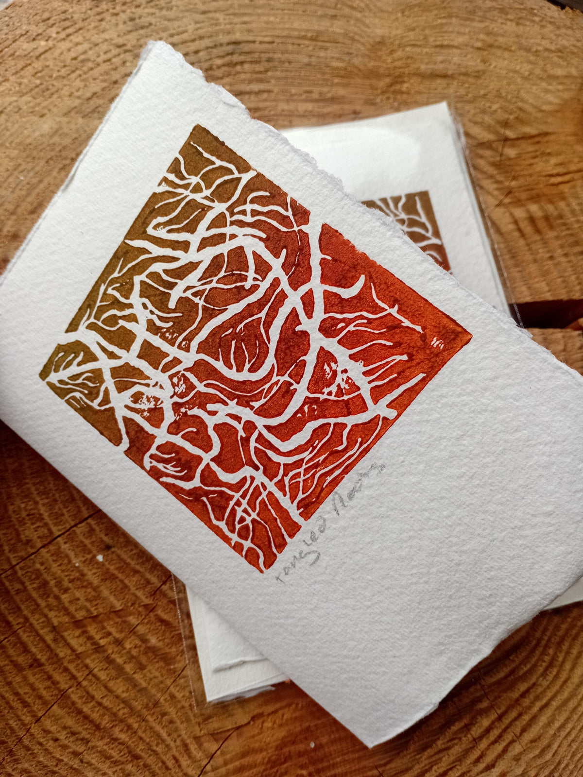 Tangled Roots Lino Print Card – Botanical Nature Art, Handmade Paper Greeting Card
