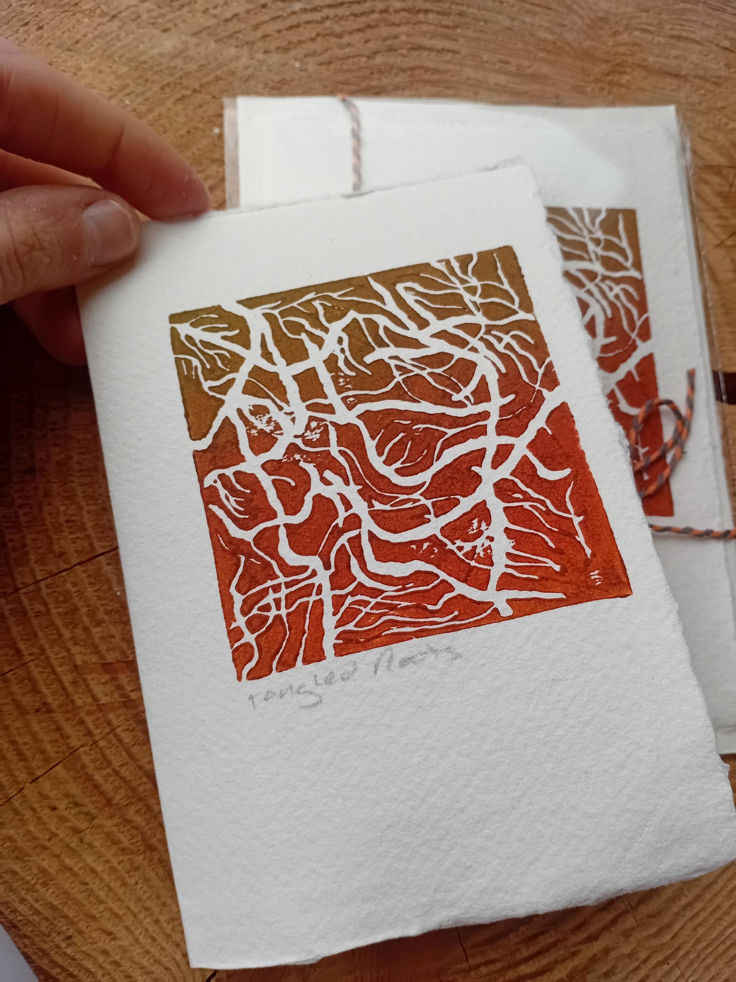 Tangled Roots Lino Print Card – Botanical Nature Art, Handmade Paper Greeting Card