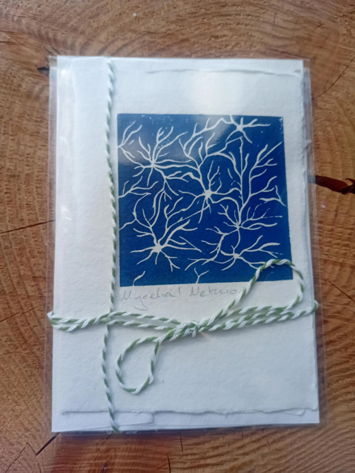 Mycelial Network Lino Print Card – Blue Grey Mushroom Nature Art (A6)
