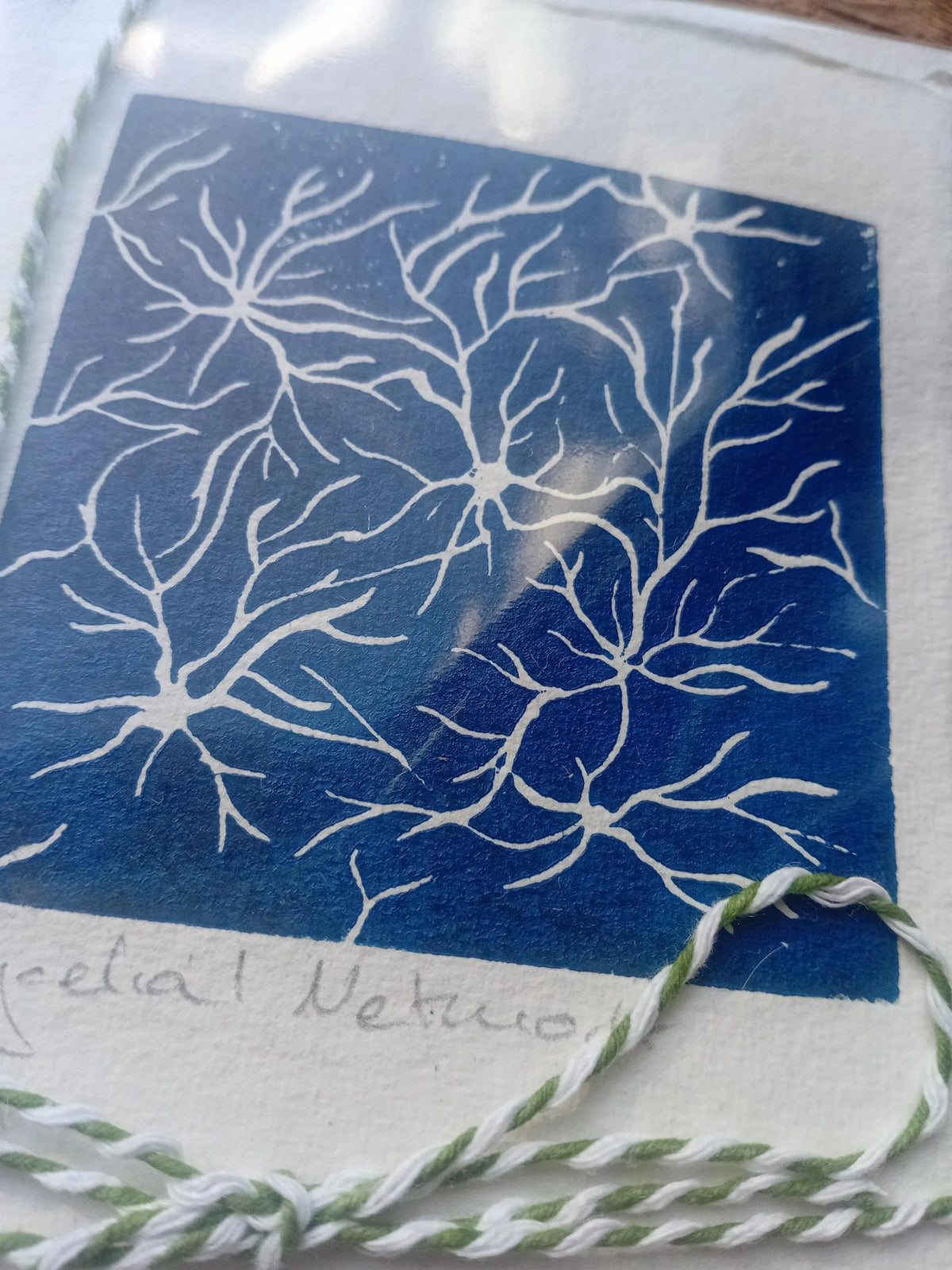 Mycelial Network Lino Print Card – Blue Grey Mushroom Nature Art (A6)