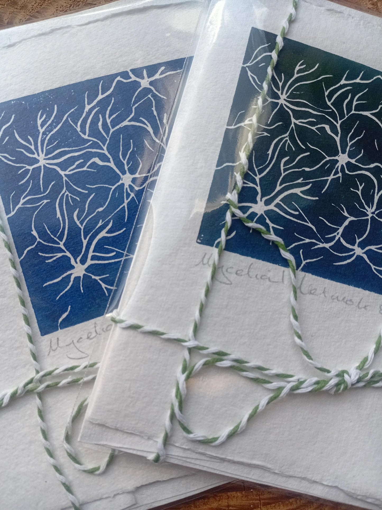 Mycelial Network Lino Print Card – Blue Grey Mushroom Nature Art (A6)