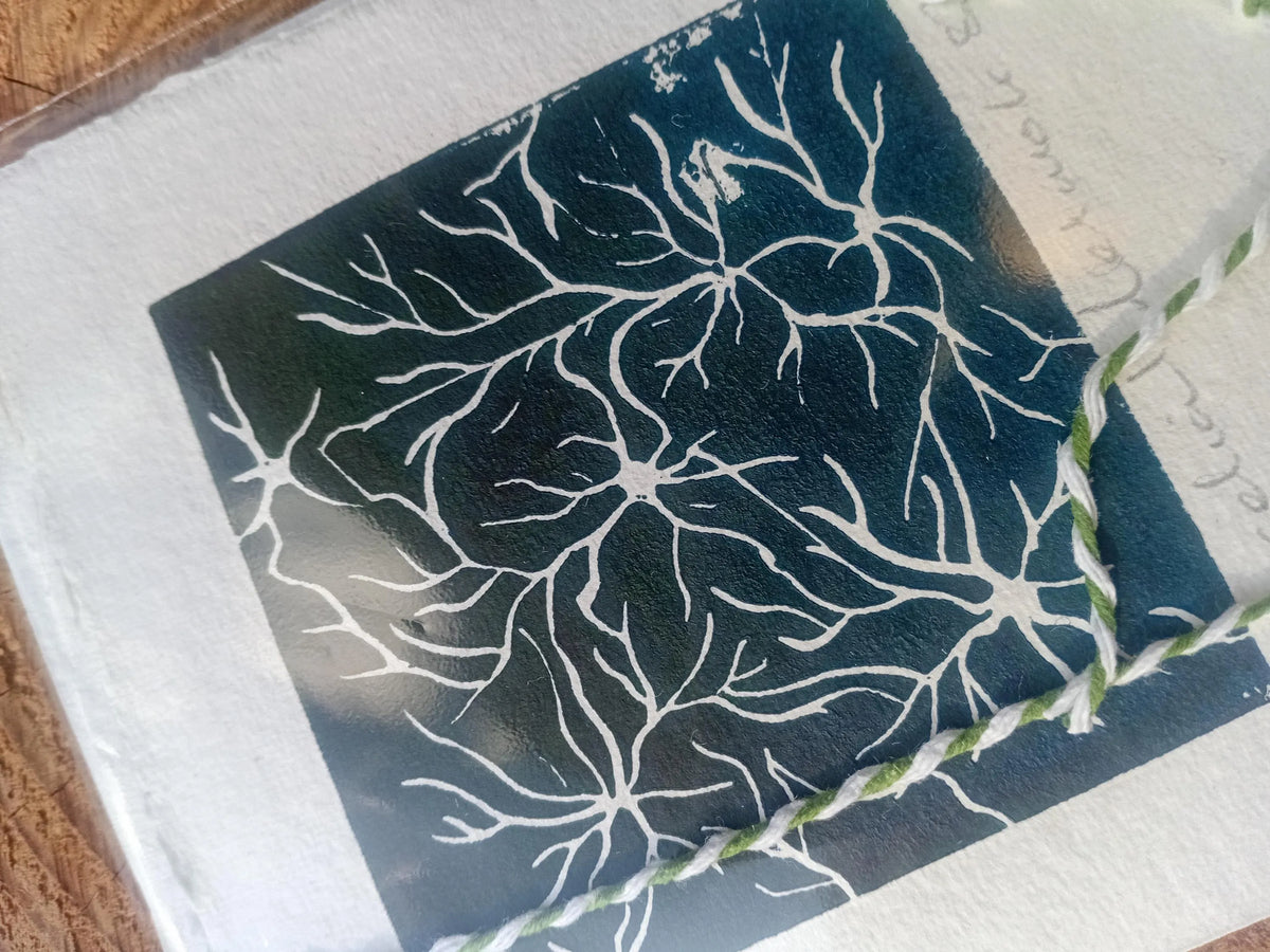 Mycelial Network Lino Print Card – Blue Grey Mushroom Nature Art (A6)