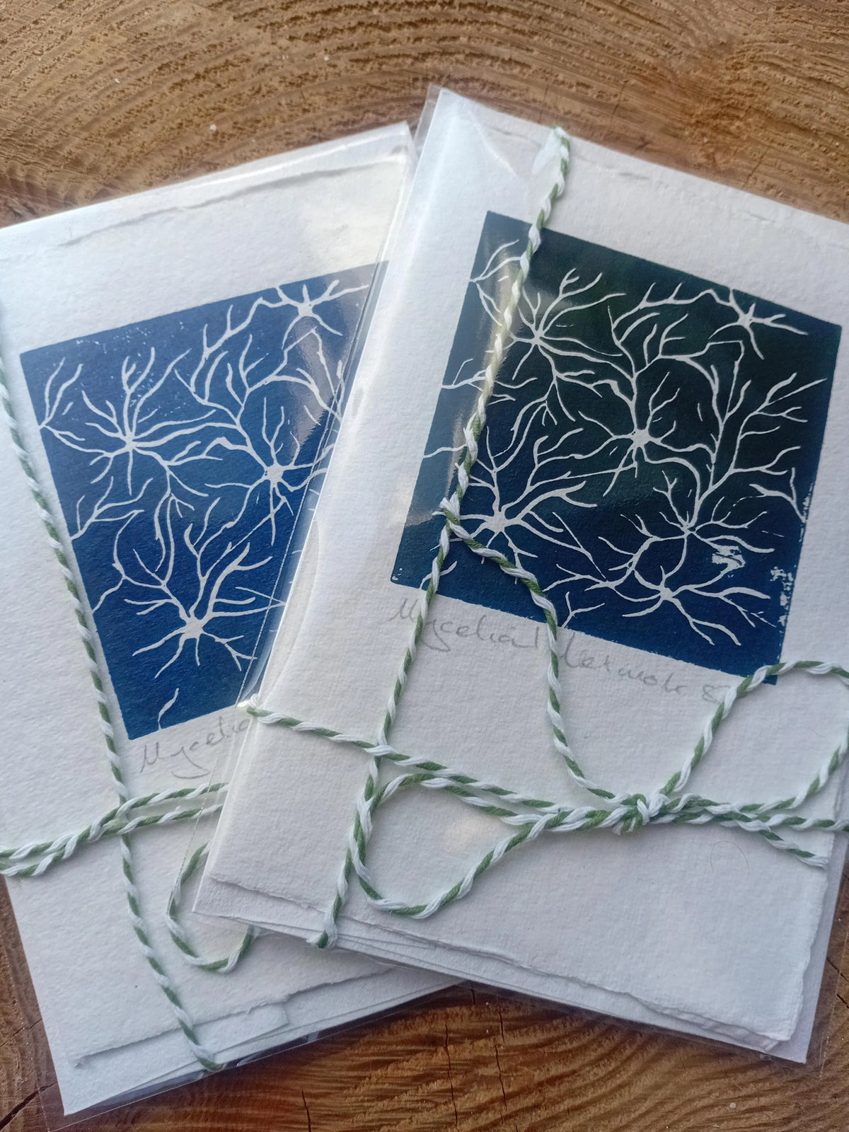Mycelial Network Lino Print Card – Blue Grey Mushroom Nature Art (A6)