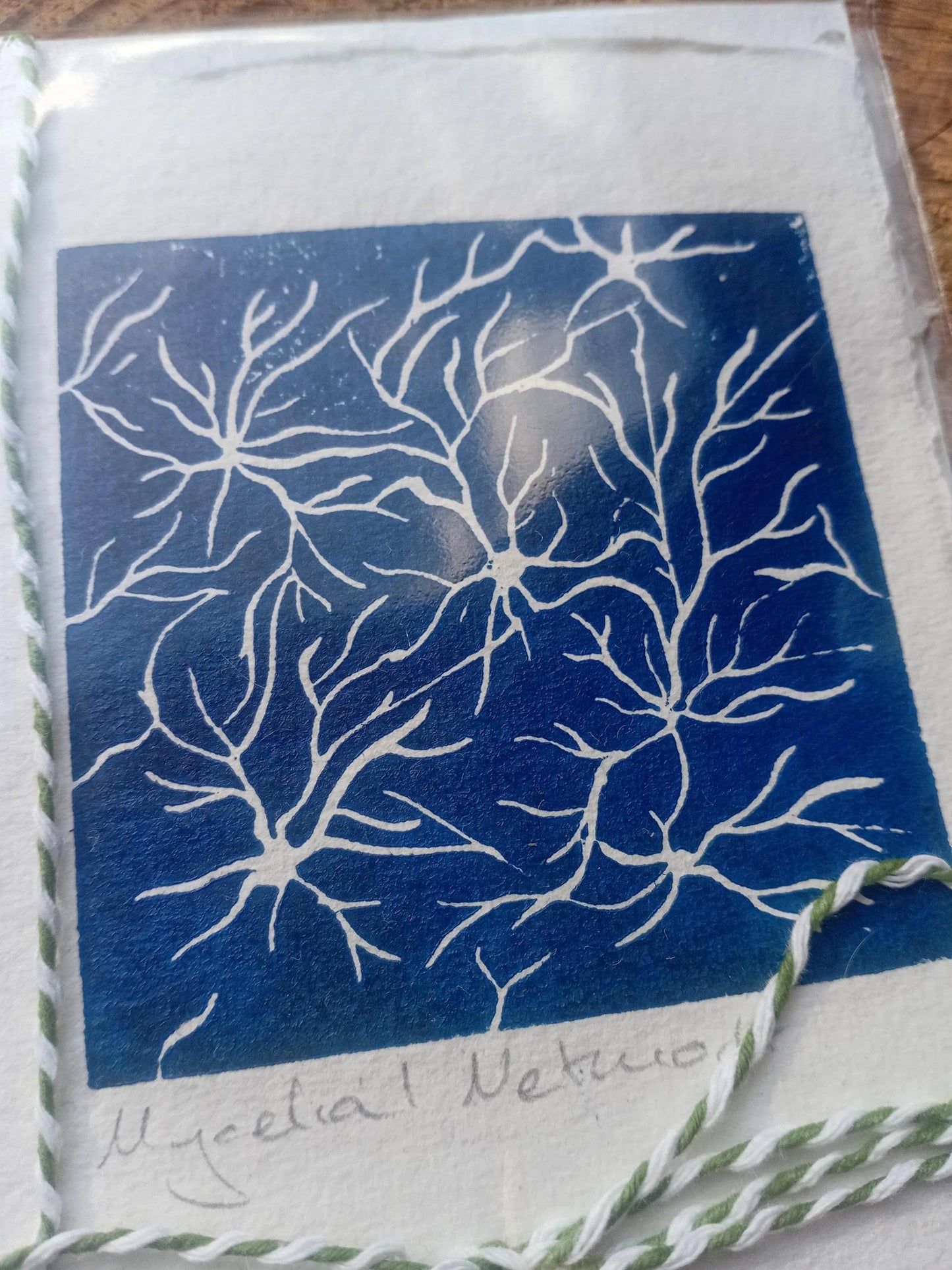 Mycelial Network Lino Print Card – Blue Grey Mushroom Nature Art (A6)