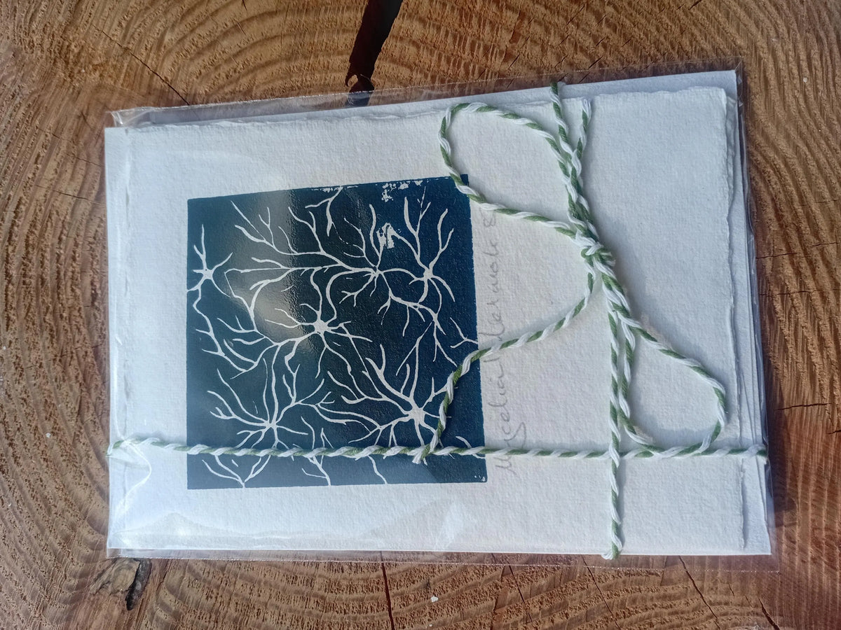Mycelial Network Lino Print Card – Blue Grey Mushroom Nature Art (A6)